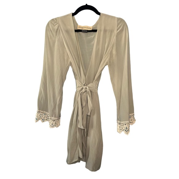 Stone Cold Fox Dresses & Skirts - Stone Cold Fox Dress Womens Small Blue Capri Silk Wrap Mini Lace Trim Robe Belt